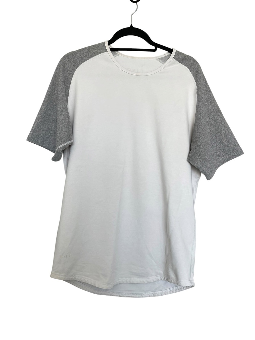 BYLT Basics White Tee with Gray Raglan Sleeves